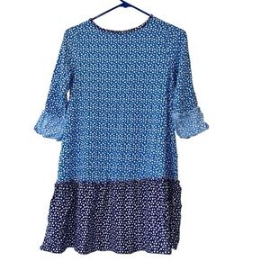 Mini Boden girls Blue Star print Dress Sz 13-14y dropped waist 3/4 sleeve